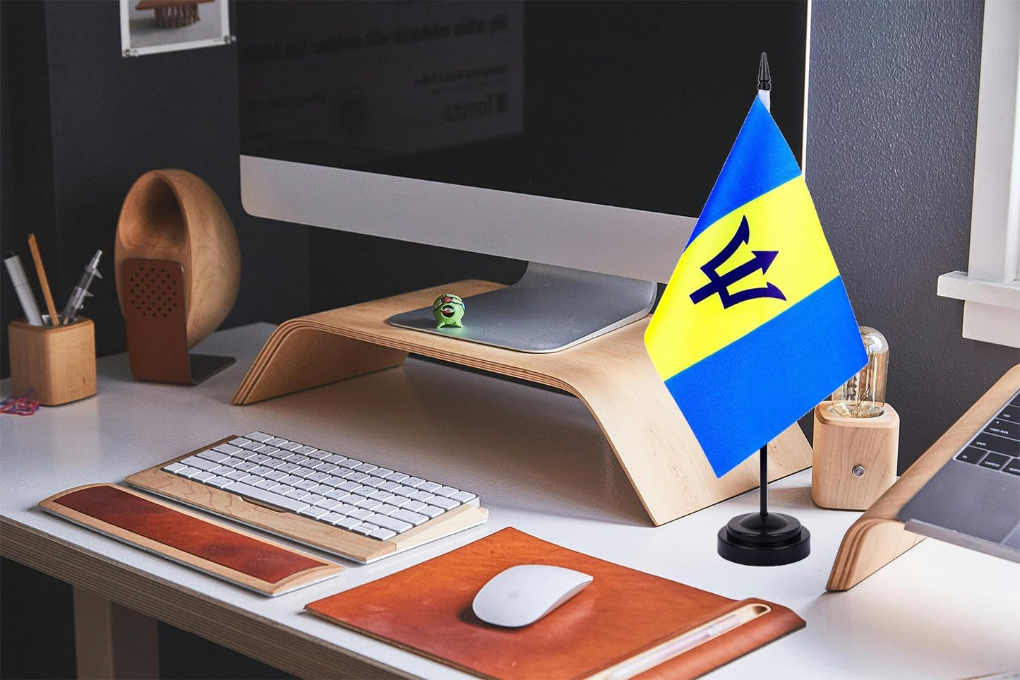 WXTWK 2 Pack Barbados Flag Barbados Deluxe Desk Flag Set - Mini Small Barbadians Table Office Flags with Black 12" Solid Pole Stand Base Classroom Meeting Desktop Decorations