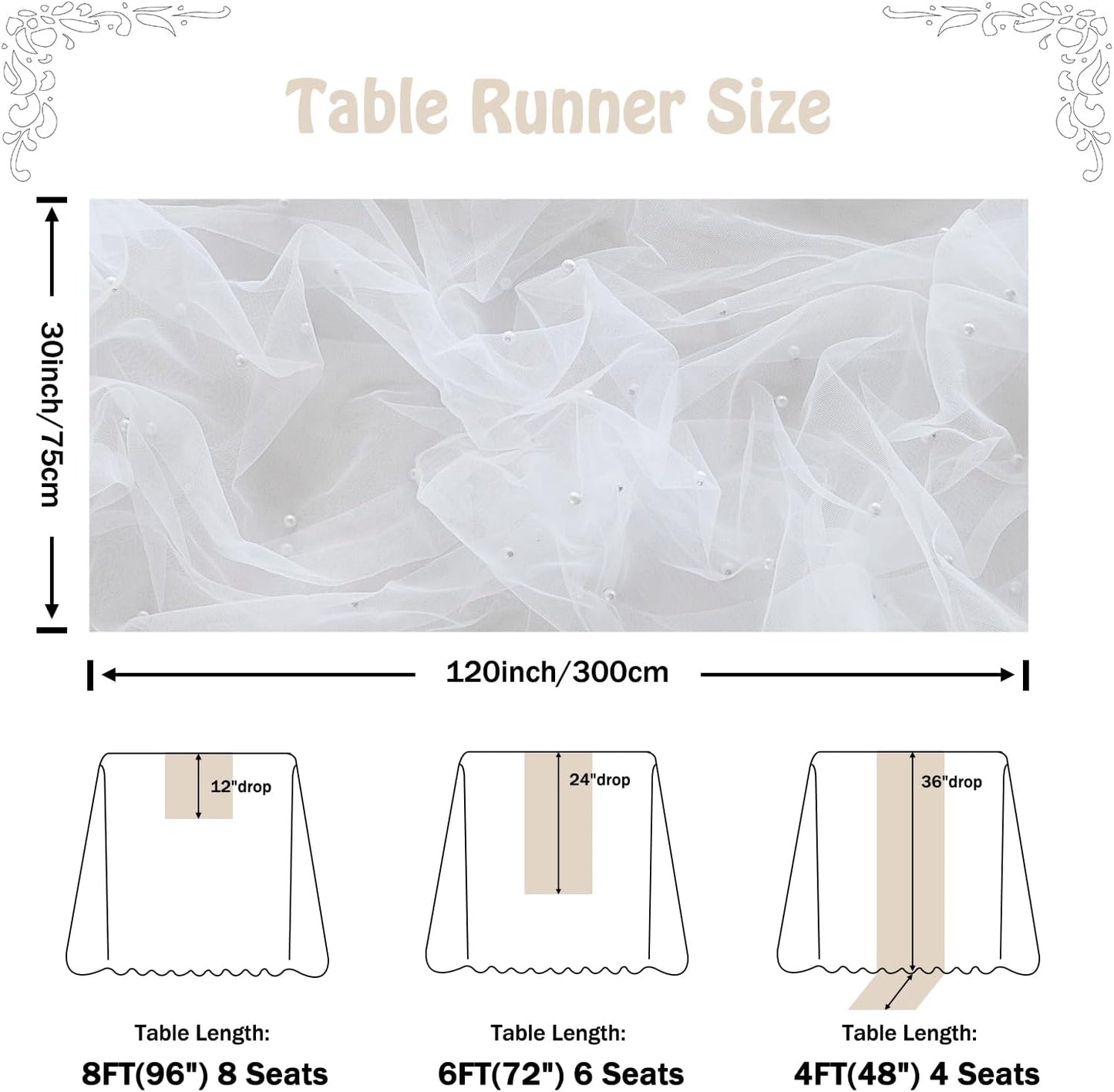 Fanami 6 Pack Pearl Table Runner -10FT Ivory White Boho Tulle Table Runners 120 Inches Long Rustic Sheer Lace Fabric Centerpieces for Wedding Arch Birthday Party Bridal Veil Baby Shower Decorations