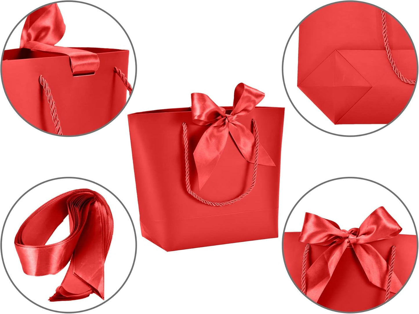 HUAPRINT Gift Bags with Handles,7.48×3.54×7.9 inches,Party Favor Bags with Bow Ribbon,12Pcs Red Paper Bags for Birthday Wedding Bridesmaid Holiday Valentine's Day