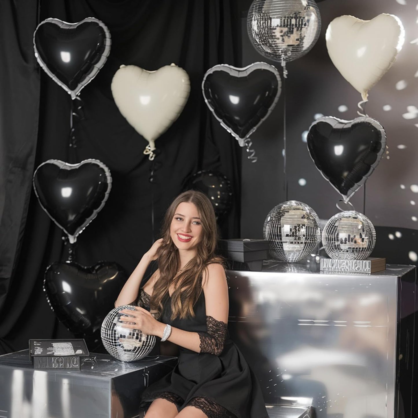 Black White Heart Balloons, 18 Inch Black and Cream White Heart Shape Balloon, 12PCS White Sand Black Helium Foil Heart Balloon for Birthday Wedding Bridal Shower Bachelorette Party Decorations