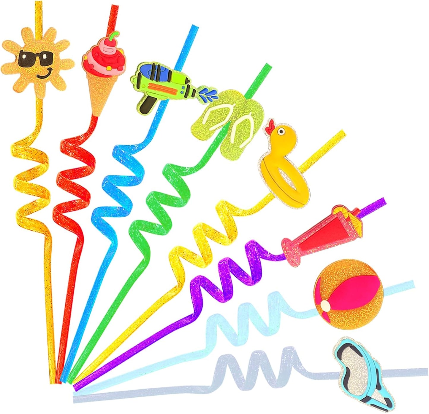24 Beach Drinking Straws Beach Ball Pool Summer Birthday Party Supplies Decorations Glitter Pool Party Straws With 2 PCS Cleaning Brushes