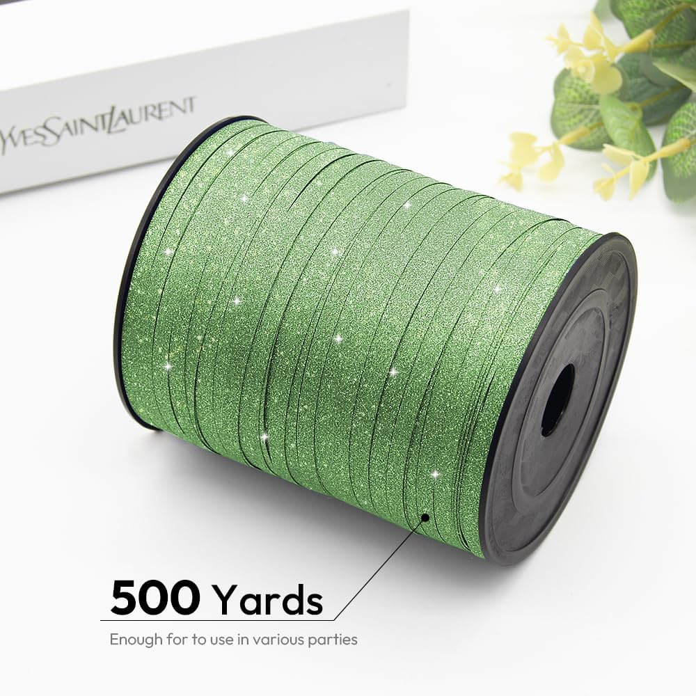 KMER LIFE Green Glitter Curling Ribbon, 1/5" Wide x 500 Yards Christmas Curling Ribbons for Gift Wrapping, Party Decoration, Balloon String, Crafting, Balloon Ribbons for Florist Flower (1 Roll)