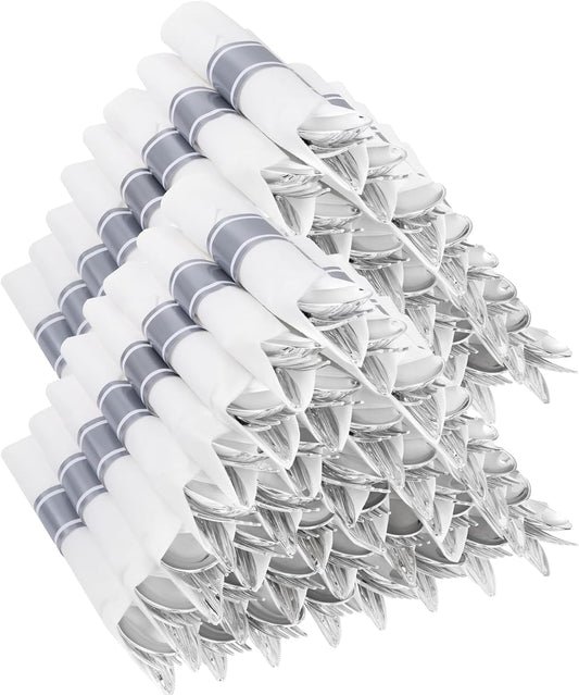 400PCS Wrapped Silver Plastic Silverware Sets - Heavy Duty Plastic Silverware Include Pre Rolled Disposable Utensils with Napkins for Parties & Dinners & Weddings
