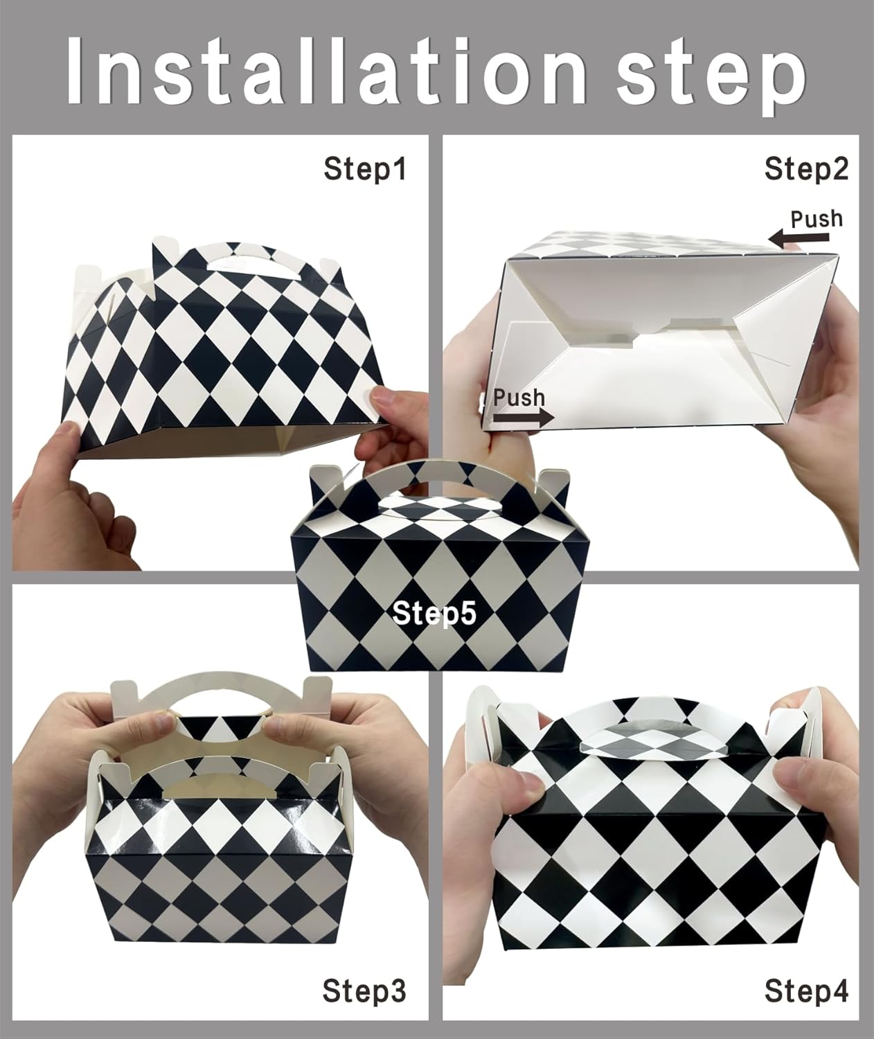 30-Pack Gable Treat Boxes with Handles, 6" Pop-Up Party Favor Gift Boxes for Birthday,Wedding,Baby Shower, Eco-Friendly Candy,Cookie,Goodie Bags for Kids, Bachelorette Decor(Black and White)