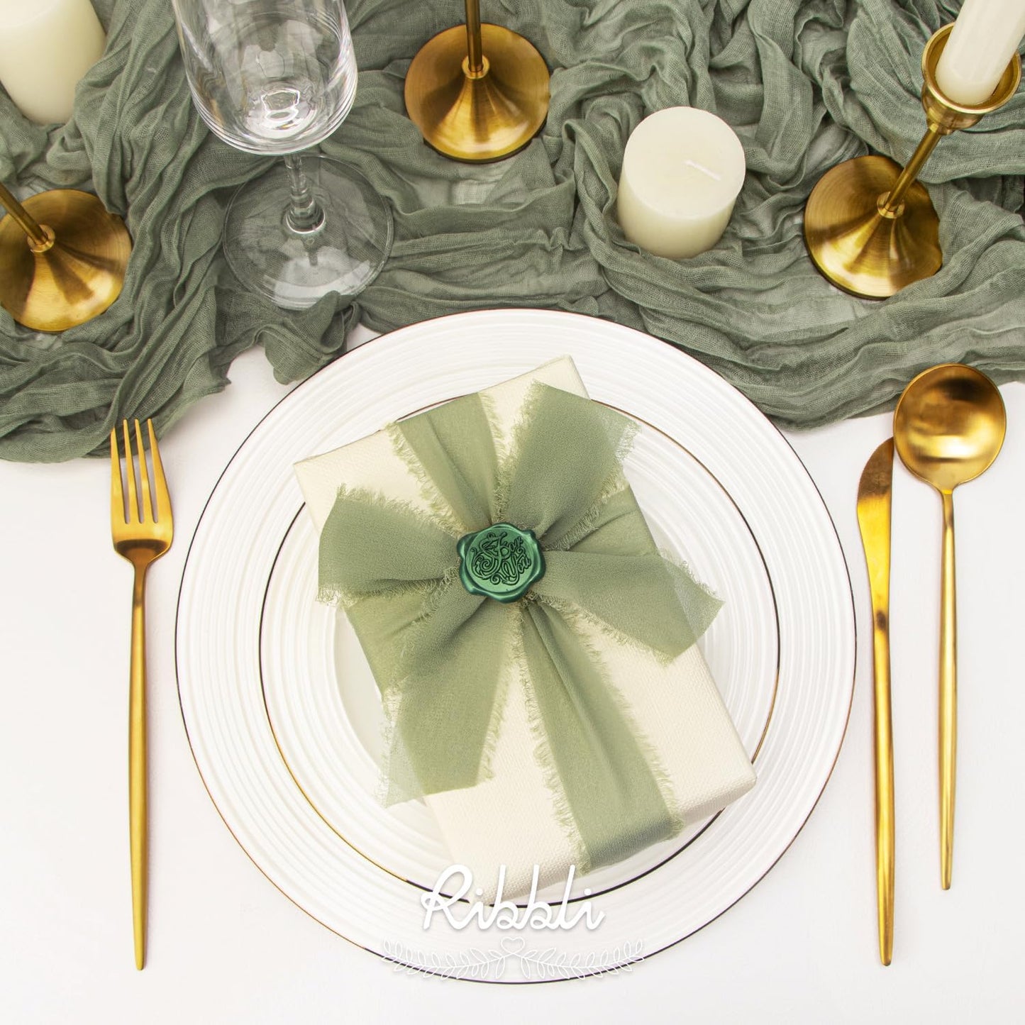 Ribbli Fall Ribbon 1.5 inch x 30 Yard Handmade Silk, Ivory/Dusty Sage/Terracotta Fringe Chiffon Ribbon for Wedding Invitations, Bridal Bouquets Wrapping, Flower Arrangement Decoration