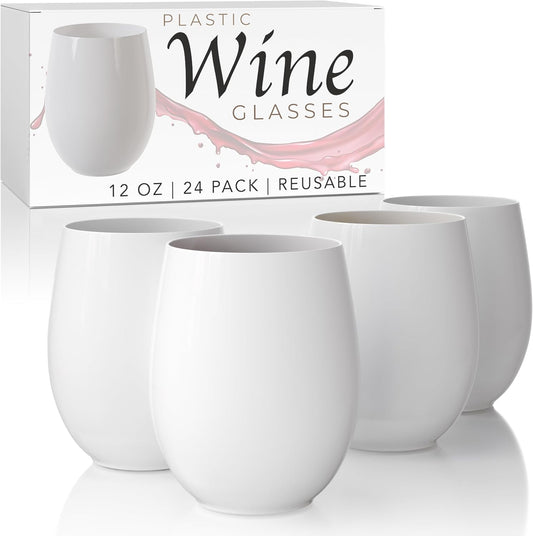 Exquisite 24 Pcs Unbreakable Stemless Plastic Wine Glasses Disposable Wine Glasses Stemless 12 Oz White Plastic Cocktail Cups White Party Cups Disposable Cocktail Glass Weddings & Events
