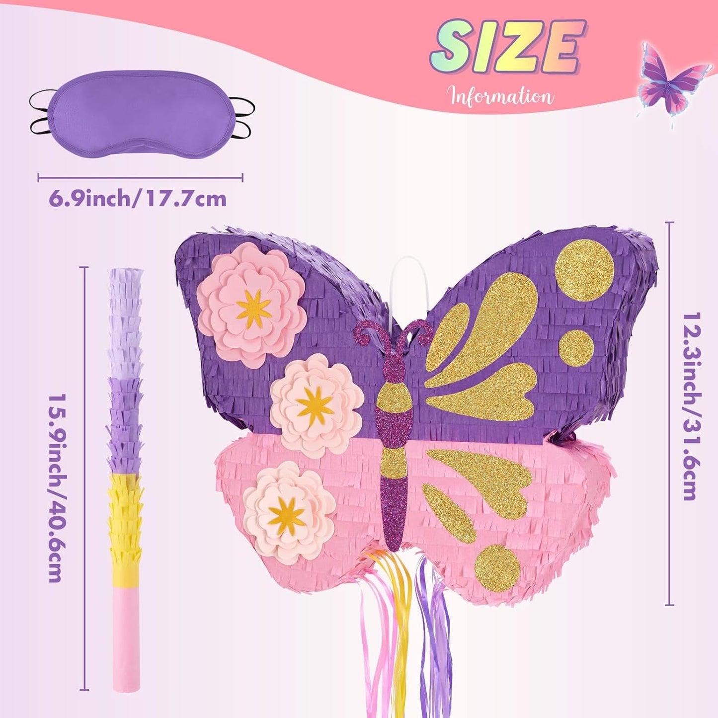 WERNNSAI Butterfly Piñata - Butterfly Birthday Party Supplies Pinata with Stick and Blindfold for Girls Kids Pull String Piñata Family Games Classroom Birthday Party Decorations 16.4” x 12.4”