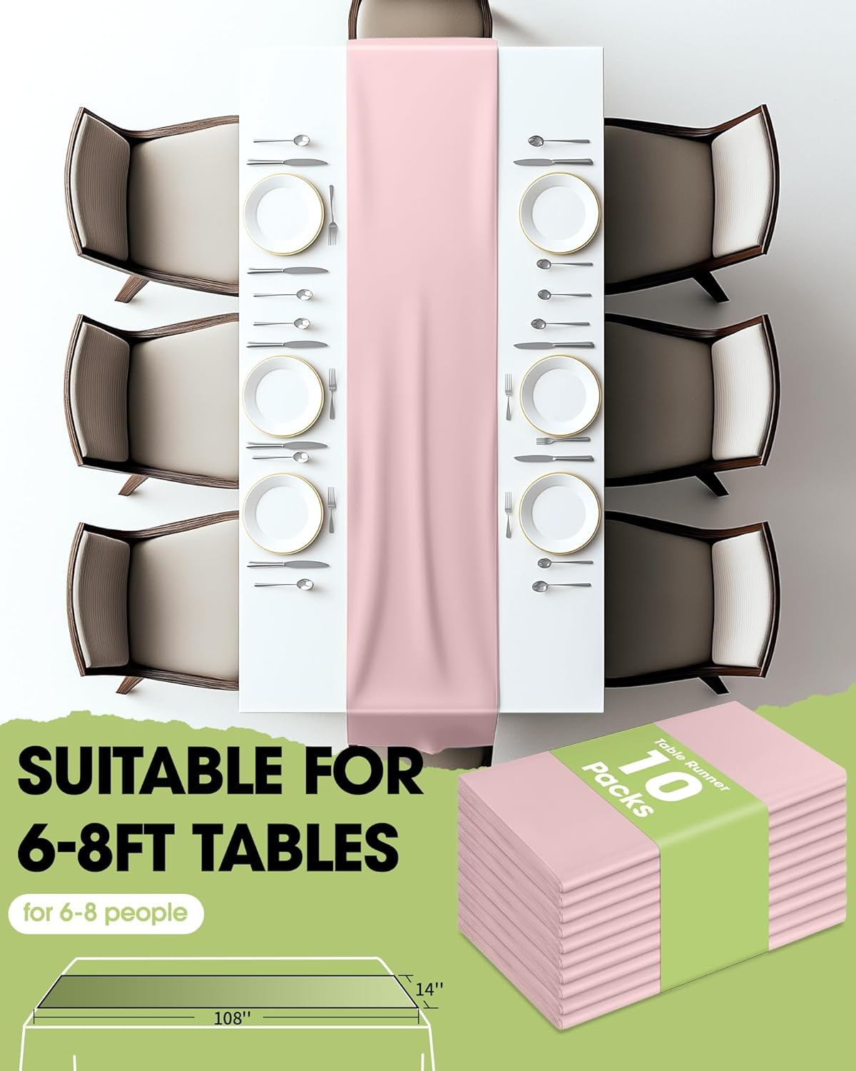 Pureegg Dusty Pink Plastic Table Runners - 10 Pack, 14'' x 108'', Water Resistant & Disposable Centerpiece Decorations for Table Cloth, Wedding, Birthday, Holiday, Baby Shower, Party, Home Decor