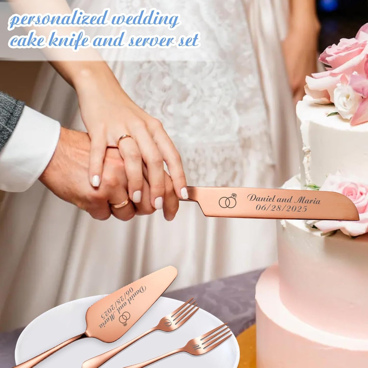 Personalized Wedding Cake Knife and Server Set, Custom Names Cake Cutting Set with Stainless Steel Forks, Customized Bridal Anniversary Birthday Wedding Registry Gifts for Couple (Rose Gold)