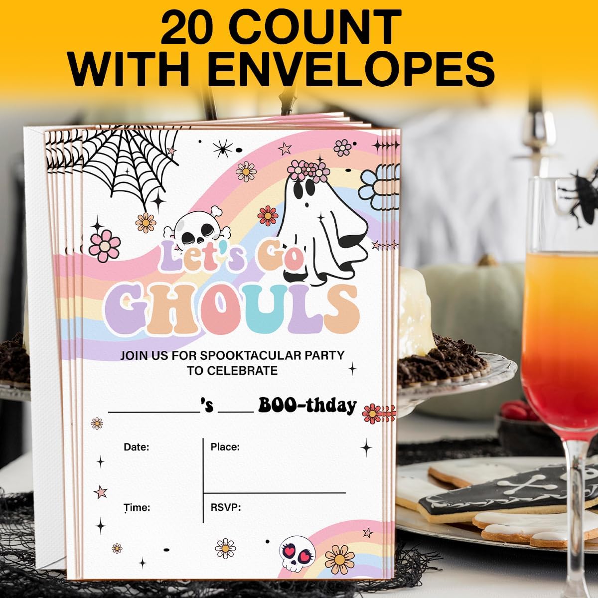 Halloween Birthday Invitations Groovy Rainbow Ghost Halloween Birthday Party Fill in Invites Cards With Envelopes (20 Count) Double Sided Design, Let's Go Ghouls