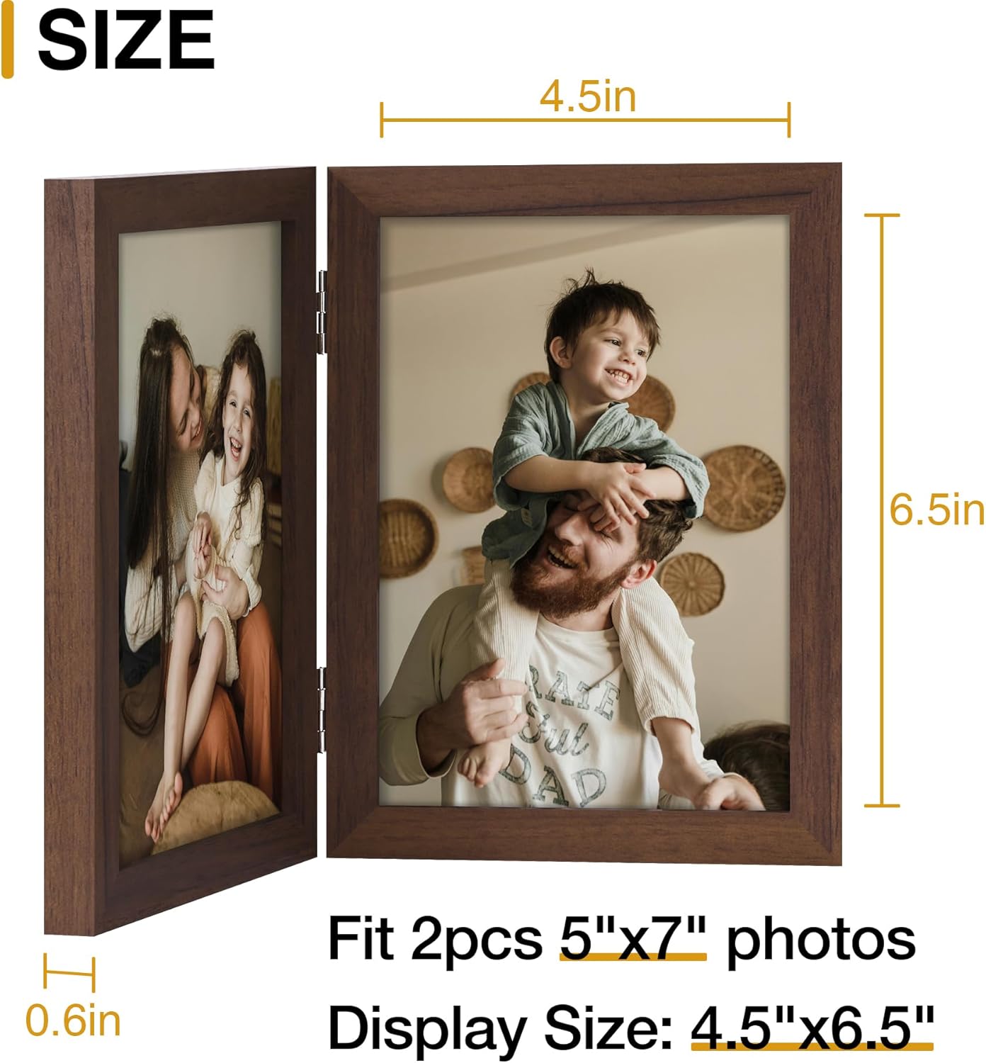 decorUhome Double 5x7 Picture Frame Vertical, Engineered Wood Bifold Photo Frame with Plexiglass for Tabletop Display, 5x7, Brown