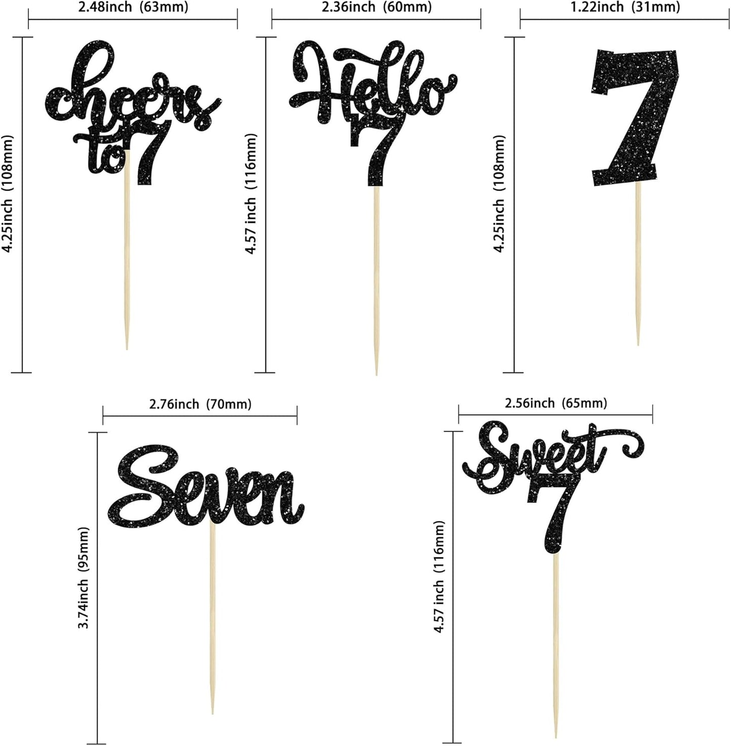 30Pcs 7th Birthday Cupcake Toppers Glitter Seven Happy 7 Cupcake Picks Cheers to 7 Years Old Cake Decorations for 7th Birthday Party Supplies Black