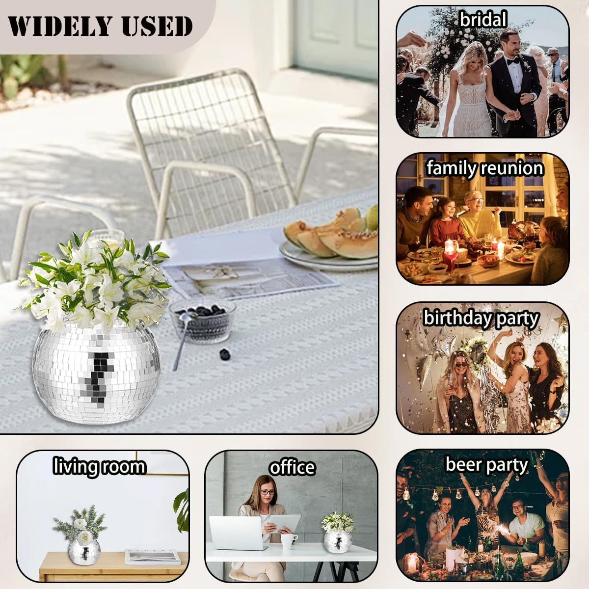 6 Pcs Disco Ball Vase,Plastic Disco Ball Centerpieces Silver Disco Ball Planter Mirror Disco Ball Ice Bucket Disco Ball Decor Can Be Used for Wedding Centerpieces,Birthday,Office(9 Inch)