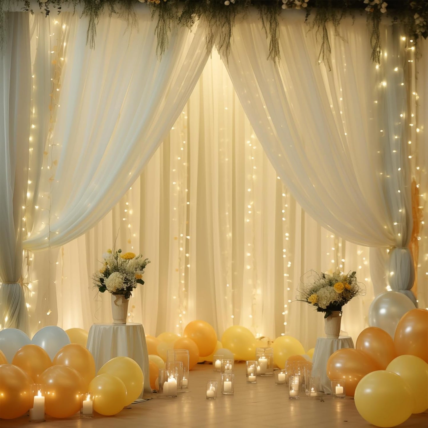 10ft x 10ft Beige Chiffon Backdrop Curtain with Lights String for Parites Wedding Wrinkle Free Curtain Photo Backdrops Drapes for Baby Shower Birthday Party Home Decorations