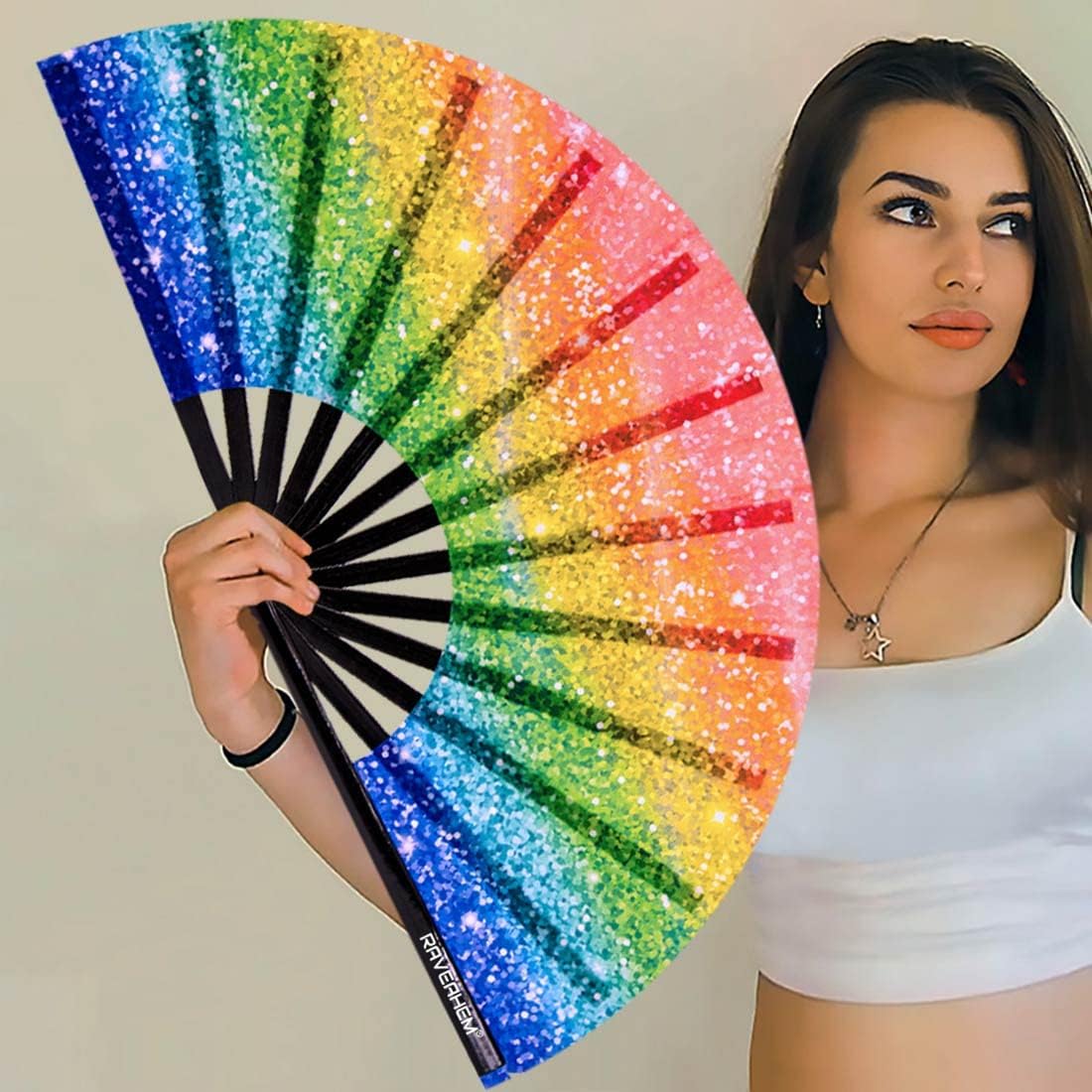 UV Glow Rave Fan, Bamboo Folding Clack Hand Fan for Men Women (Glitter Rainbow, Large 13")