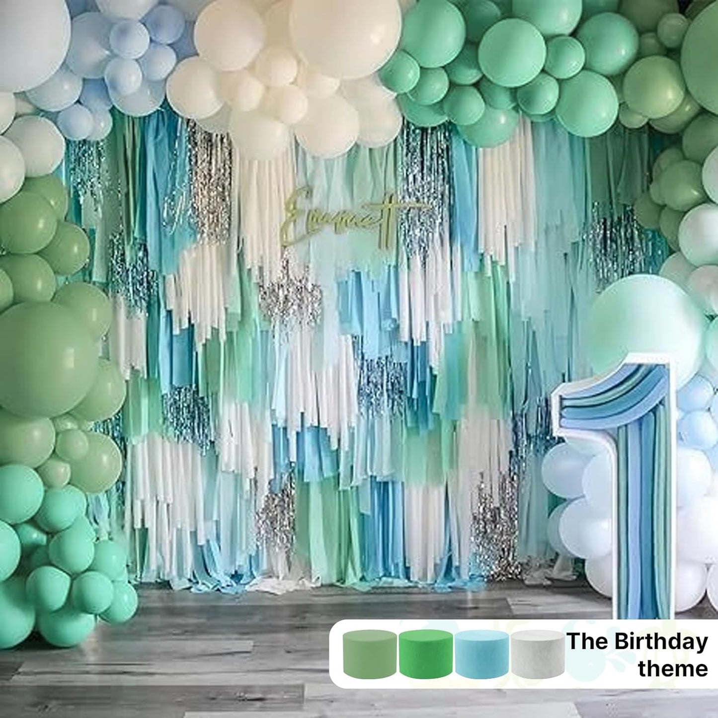 PartyWoo Sage Green Crepe Paper Streamers 4pcs 328ft Pack of Oliver Eucalyptus Green Sand White Crepe Paper Streamers for Birthday Baby Shower Woodland Dinosaur Jungle Football Party Decorations