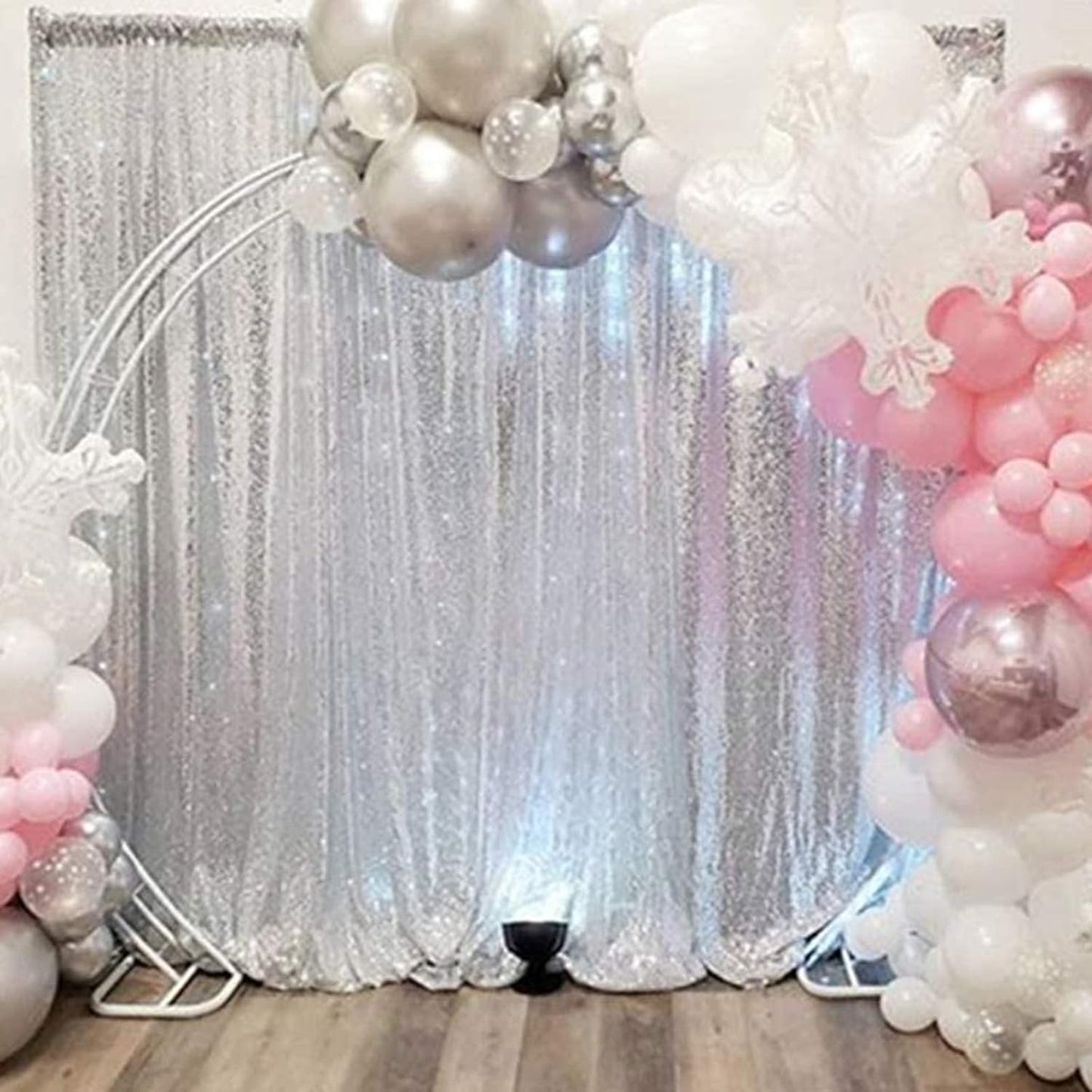 ShiDianYi 8FTx10FT Silver Sequin Photography Backdrop - Wedding Baby Shower Birthday Decor, Shimmer Sequined Curtain Wall for Parties & Events