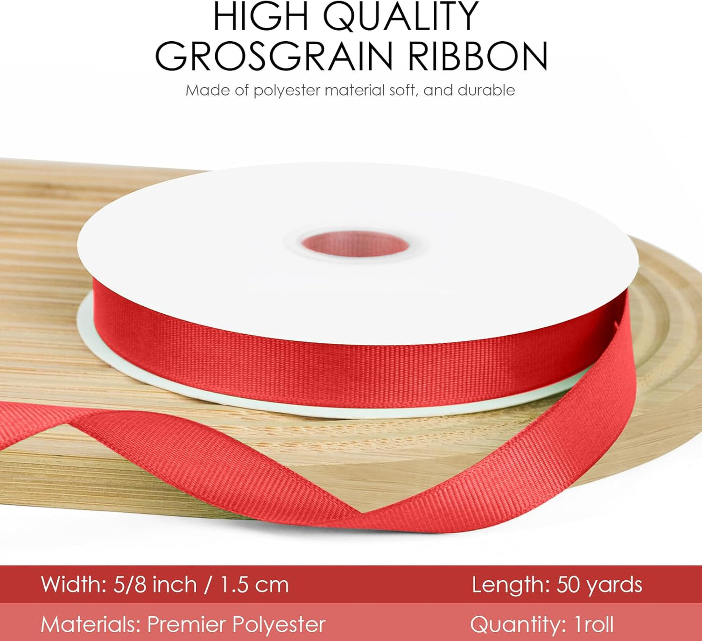 50 Yards 5/8 inch Grosgrain Ribbon, Solid Color Fabric Ribbon Perfect for Gift Wrapping, Wedding, Handmade Bows, Floral Bouquets and Party Decoration(red)