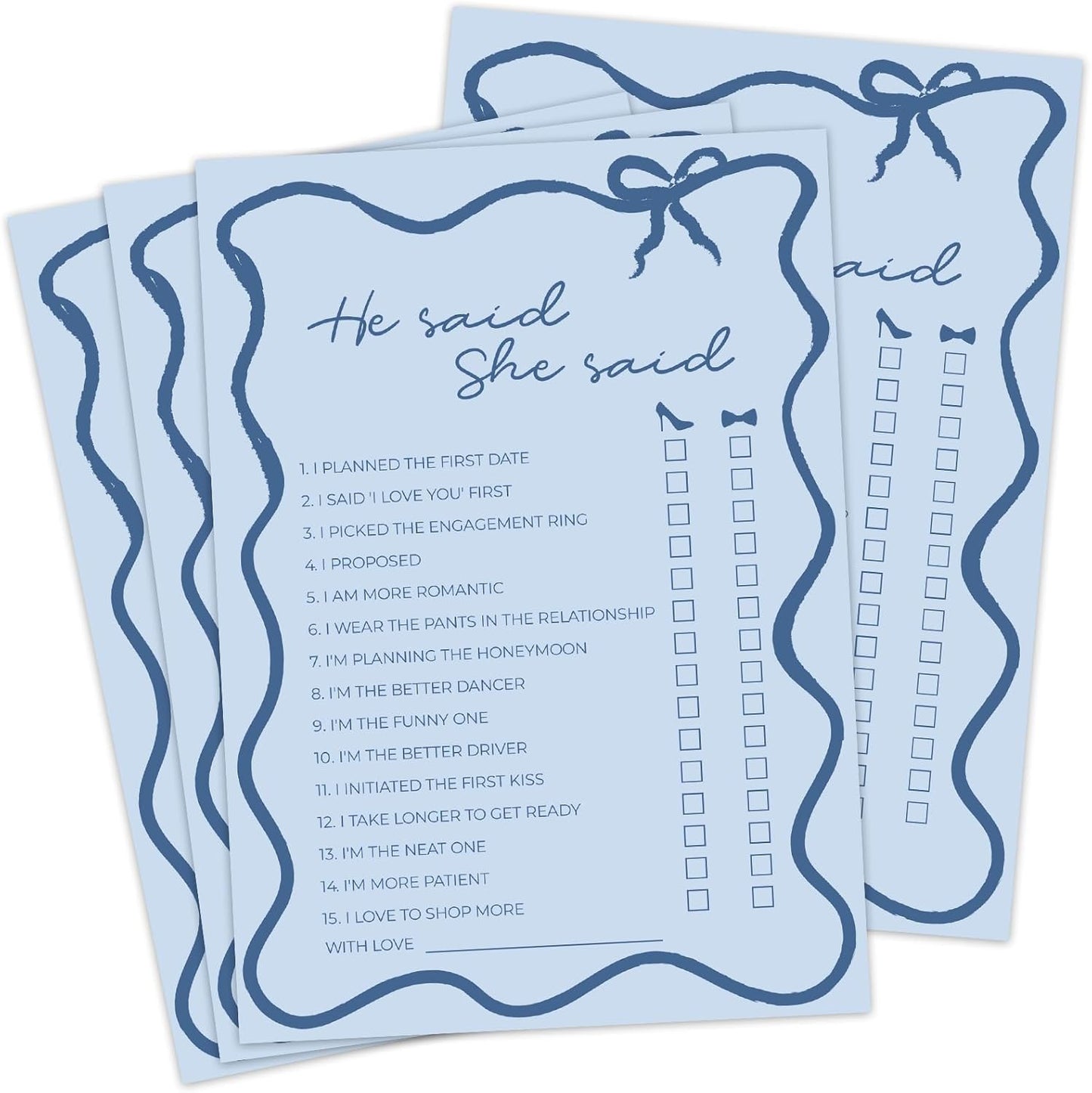 DEEKA 30 PCS Bridal Shower Games Card for 30 Guests Blue Wavy Border Ribbon Bow Funny Wedding Bachelorette Party Games for Reception (He Said She Said)