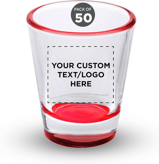 Custom Shot Glasses 1.75 oz. Set of 50, Personalized Bulk Pack - Great for Wedding Favors, Bachelorette Party Decorations, Party Fovors, Color Bottom - Red