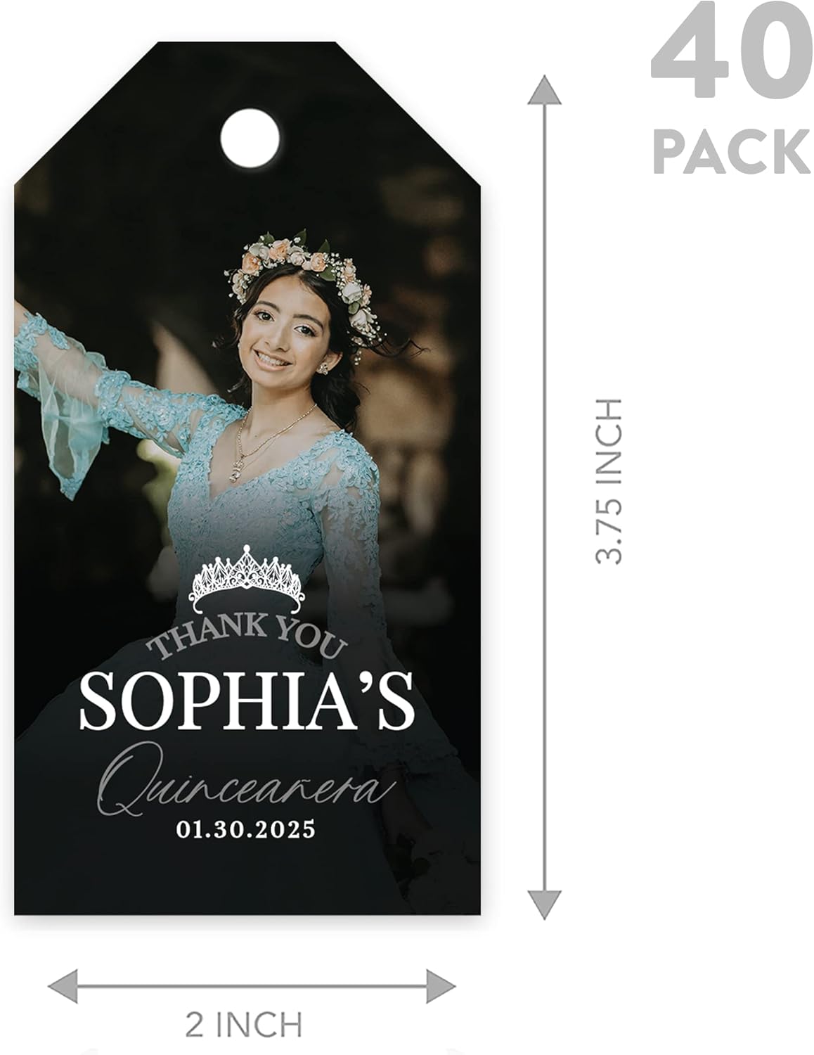 Andaz Press 40-Pack Personalized Quinceañera Favor Tags with String, Classic Thank You Gift Tags with Custom Photo Crown for Quince Años XV 15th Birthday Favor Gifts, Quinceanera Decorations