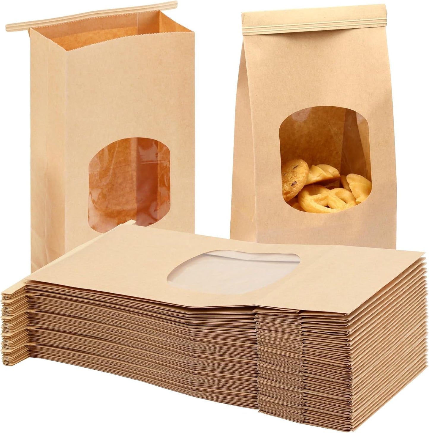 Moretoes 100pcs Medium Bakery Cookie Bags with Window, 4.5x2.36x9.6in Tin Tie Tab Kraft Paper Bags for Cookie Coffee Bread Bakery Packing