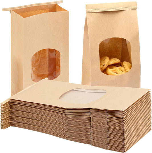 Moretoes 100pcs Medium Bakery Cookie Bags with Window, 4.5x2.36x9.6in Tin Tie Tab Kraft Paper Bags for Cookie Coffee Bread Bakery Packing