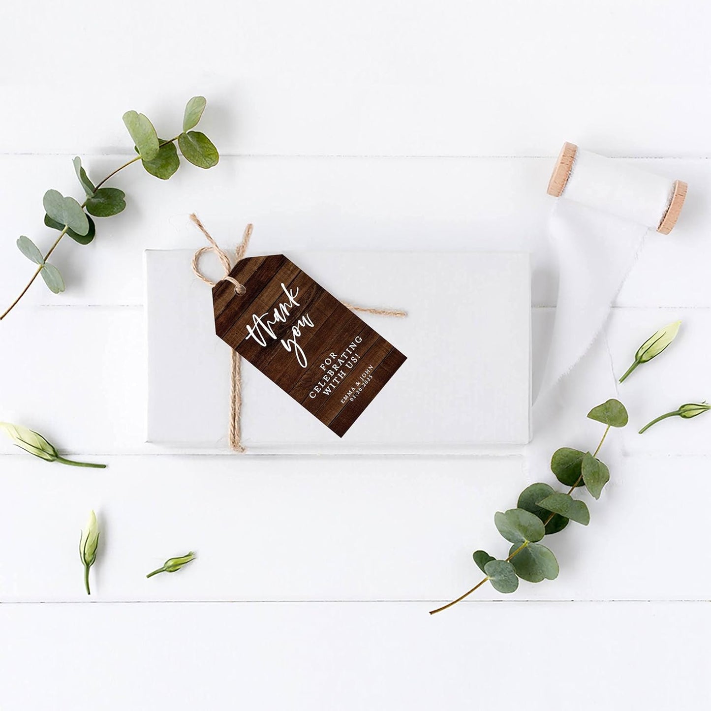 Andaz 100-Pack Personalized Thank You Tags - Custom Cardstock Wedding Favors with Bakers Twine & Rustic Wood Finish - 2 x 3.75-Inches