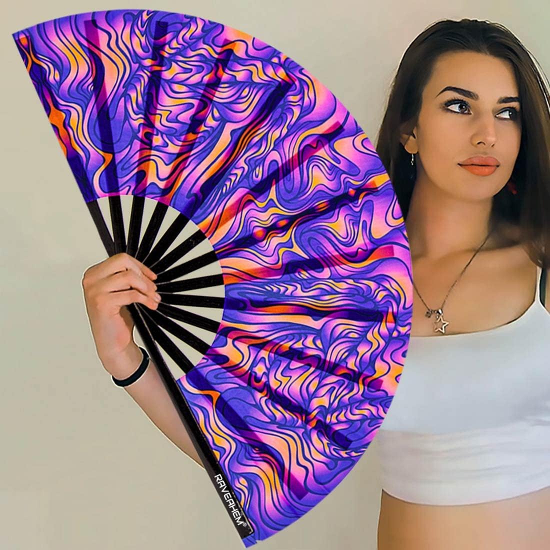 UV Glow Rave Fan, Bamboo Folding Clack Hand Fan for Men Women (Wellen, Large 13")