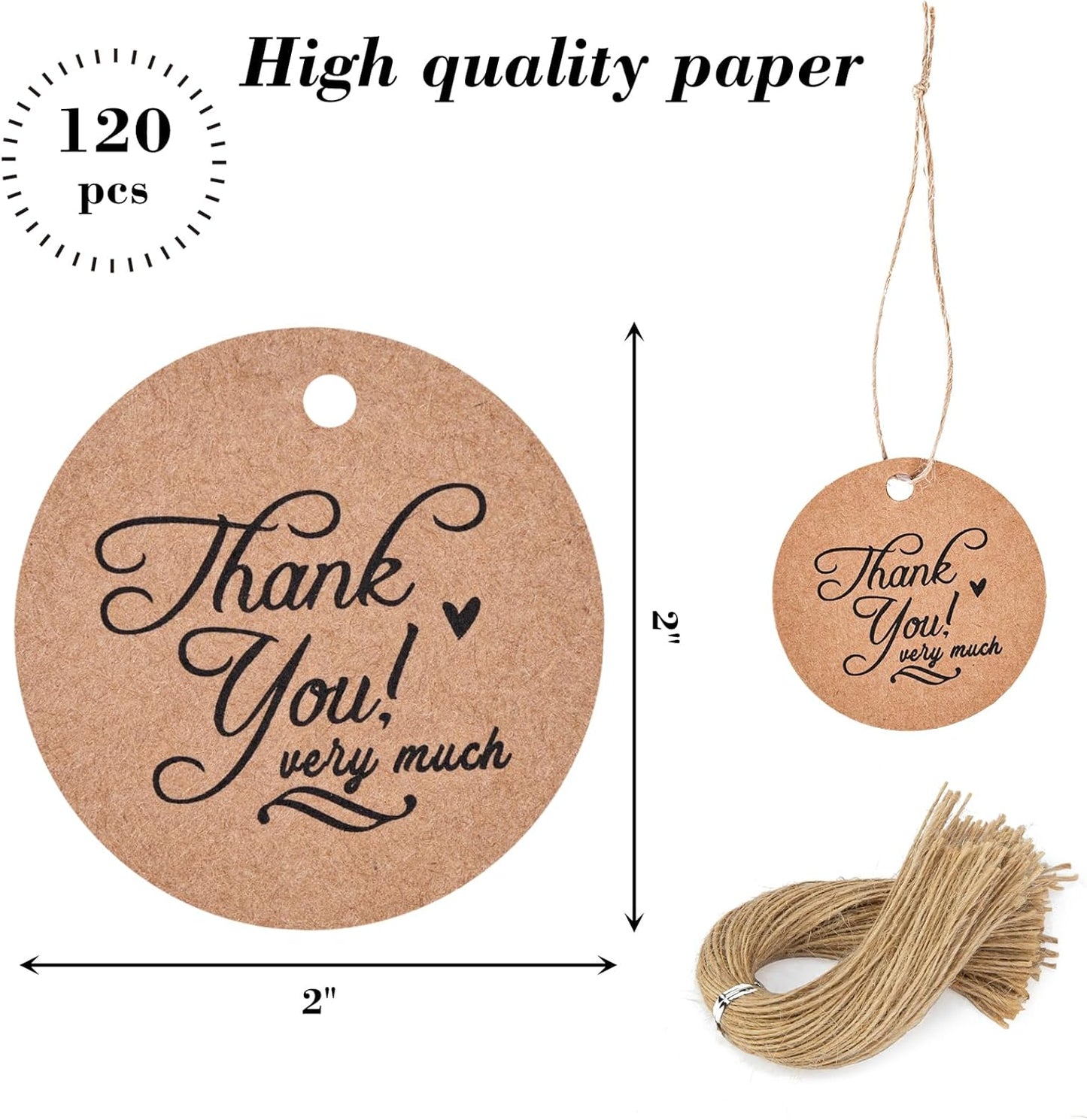 SallyFashion 120PCS Thank You Gift Tags, Round Brown Paper Tags with String 2inch Circle Labels for Birthday Wedding Party Gift Baby Shower