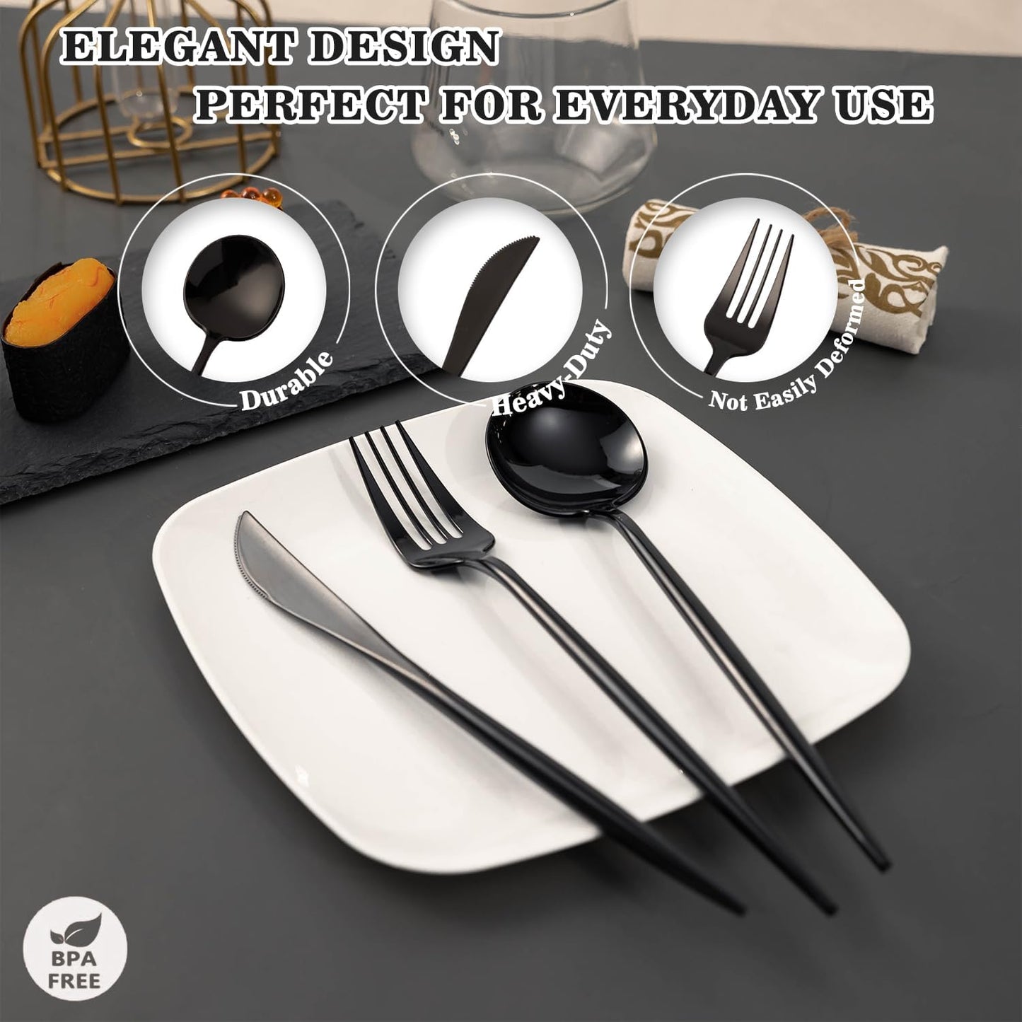 180PCS Black Plastic Silverware,Heavy Duty Disposable Utensils Include 60 Forks,60 Spoons and 60 Knives,Black Cutlery Plastic Silverware Sets for Party, Birthday,Wedding