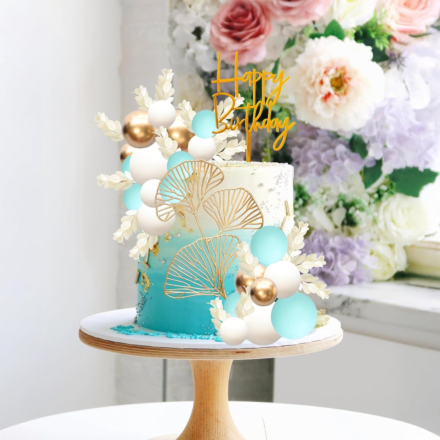 Gyufise 57Pcs Balls Cake Topper Boho Grass Cake topper Pearl Balls Acrylic Happy Birthday Cake Decorations for Wedding Baby Shower Birthday Boho Themed Party Supplies Light Blue