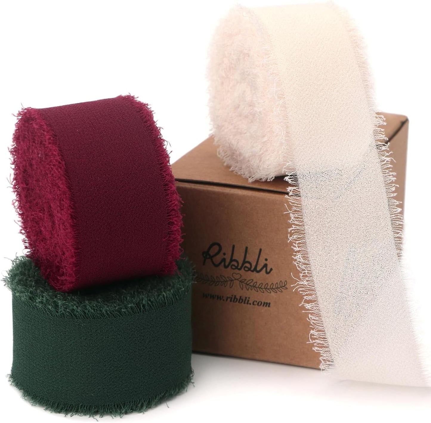 Ribbli Red White Green Christmas Ribbon 1 Inch x 3 Rolls Total 24 Yards Handmade Fringe Chiffon Silk Ribbon for Gift Wrapping DIY Crafts Home Decor