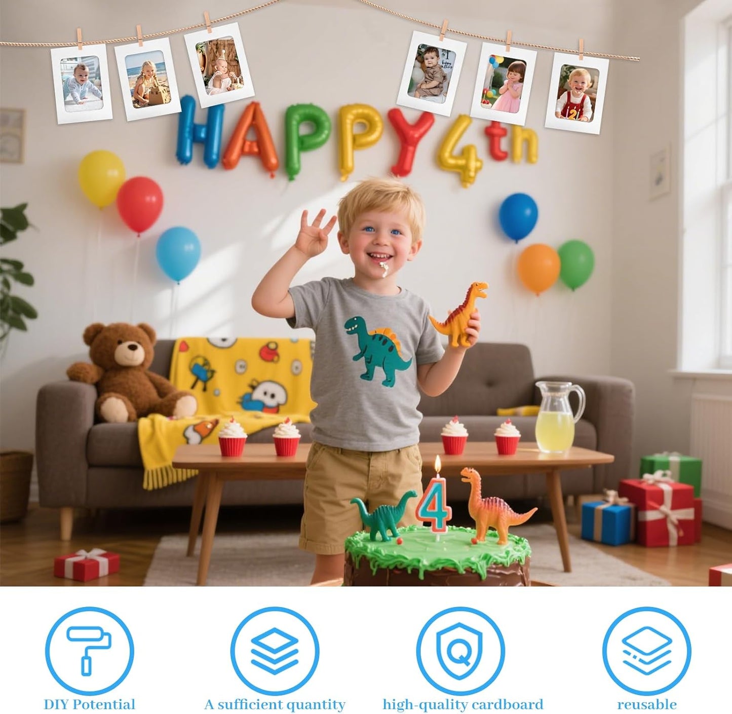 100 Pack Paper Picture Frames, 4x6 Inch Photo Strip Frame Hanging Photo Display Banner, White Photo Holder with Wooden Clips and String for Wall Decor and Party Supplies