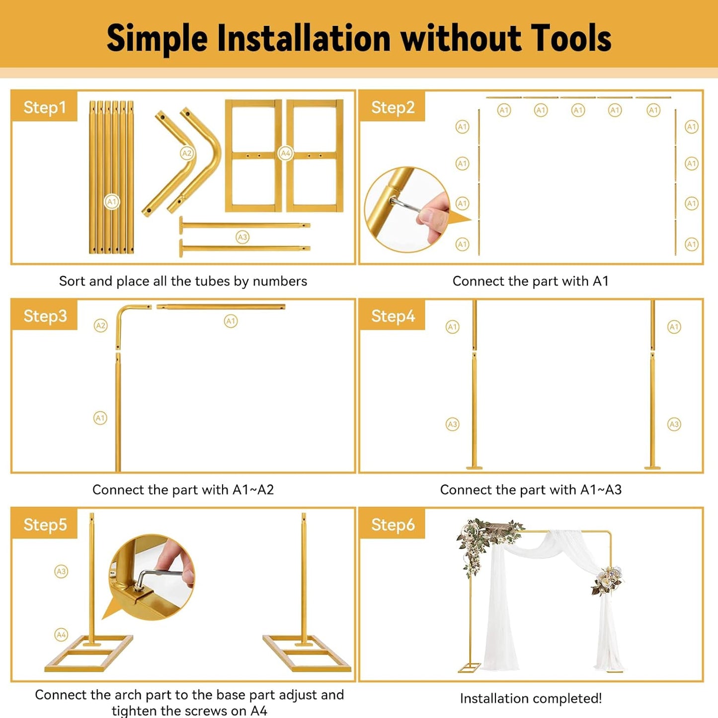 Wedding Arch Backdrop Stand Square 6.5FT Heavy Duty Metal Frame, Balloon Arch Stand Adjustable Photo Booth Decor for Baby Showers, Halloween Parties, Birthdays, Anniversaries