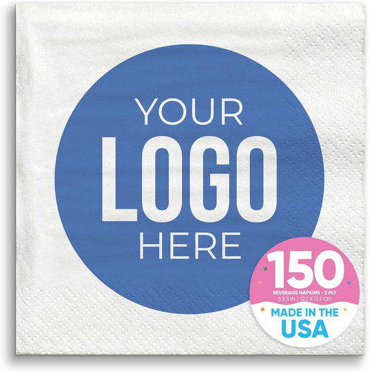 Big Dot of Happiness Custom Logo Party Napkins, Personalized Corporate Branded Business Decor, Your Logo Here White 3-Ply Paper Beverage Napkins - 150 Count