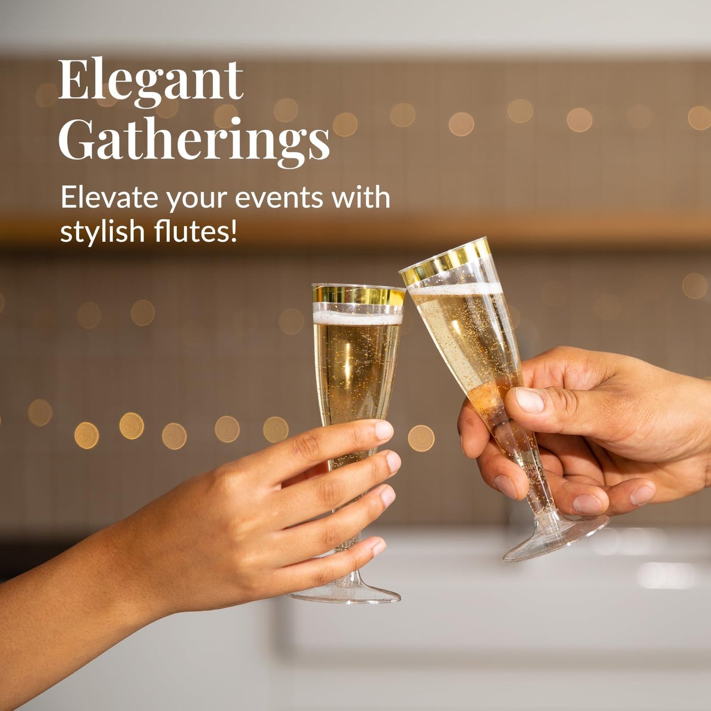 Prestee Set of 24 Plastic Champagne Flutes with Gold Rim - 4.5 oz - Shatterproof Disposable Glasses for Weddings, Cocktail Parties, and Outdoor Celebrations