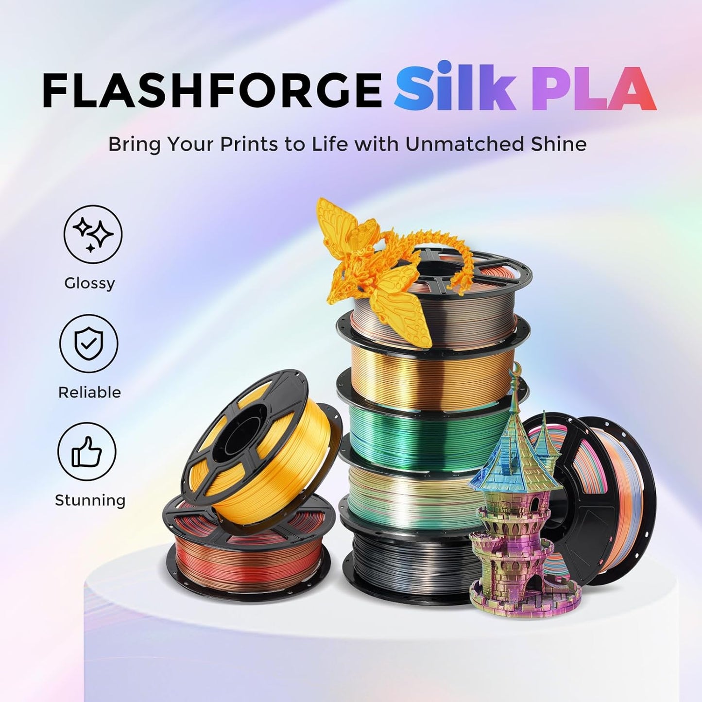 FLASHFORGE Silk PLA Filament 1.75mm Rainbow Waltz, 3D Printer Filament 1kg (2.2lbs) Spool, Smooth and Silky Texture 3D Printing Filament, Dimensional Accuracy +/- 0.02mm