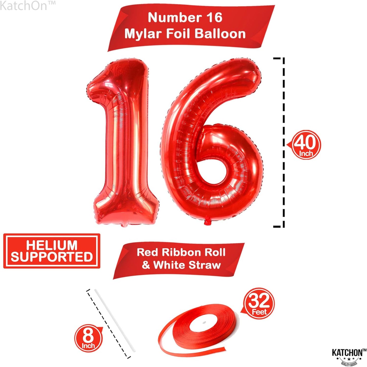 KatchOn, Red 16 Number Balloons - Huge, 40 Inch | 16th Birthday Balloons Red for 16th Birthday Decorations for Boys Red | 16 Balloon Numbers | Red Sweet 16 Balloons, Red Sweet 16 Birthday Decorations