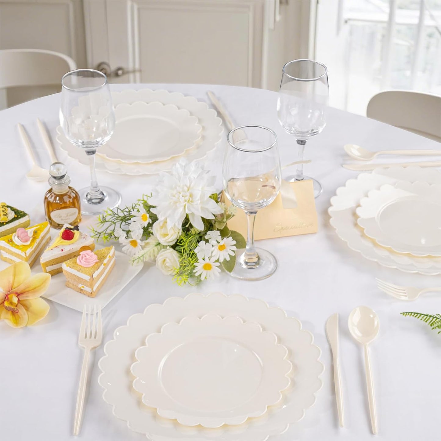 Supernal 180pcs Plastic Silverware Heavy Duty Ivory Plastic Utensils Cutlery Disposable Beige Plastic Cutlery Include 60 Plastic Forks,60 Plastic Knvies,60 Plastic Spoons for Party,Wedding