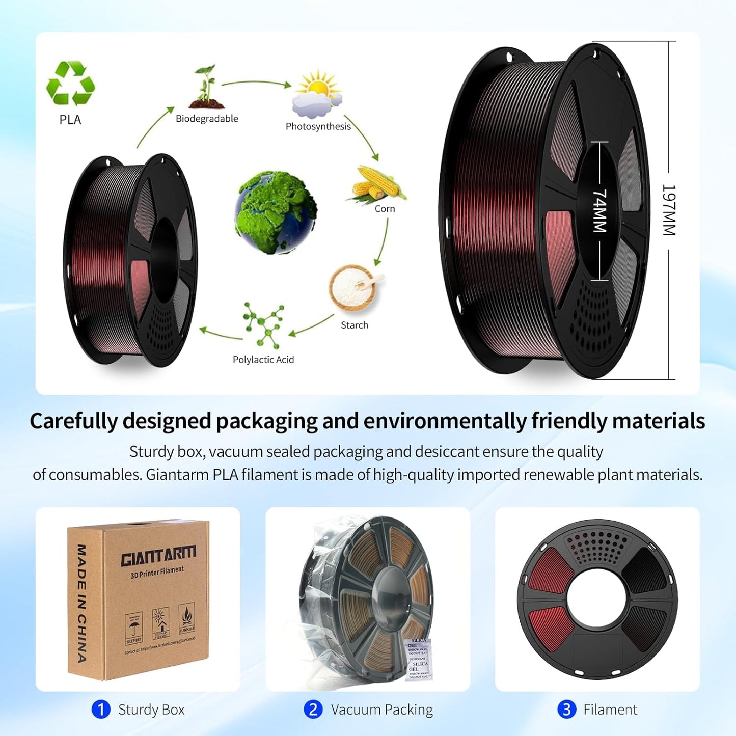 GIANTARM Tri-Colors Silk Pla Filament, 3D Printer Filament 1.75mm +/-0.02mm, 1Kg (2.2lbs) Spool, Vacuum Packaging (Red+Blue+Green)