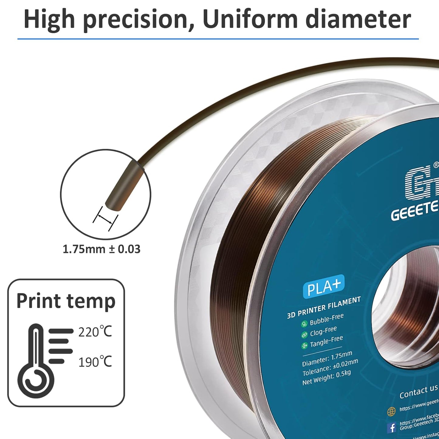 Geeetech Metal-Like Shiny Silk Bronze Rainbow 3D Printer PLA Filament, Shine Silky Metallic Printing Consumable 1.75mm, Dimensional Accuracy +/- 0.02 mm, 1kg Spool (2.2lbs), Fit Most FDM Printer