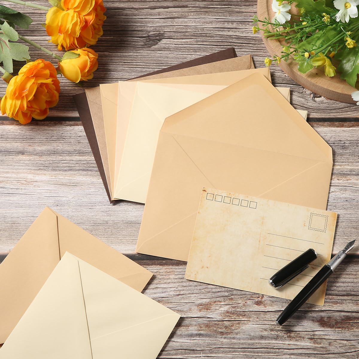 50 Pack Colored A7 Invitation Envelopes 5x7 with Gold Stickers for Cards and Invitations, 5 Colors (Brown, 5 1/4 x 7 1/4 inches)