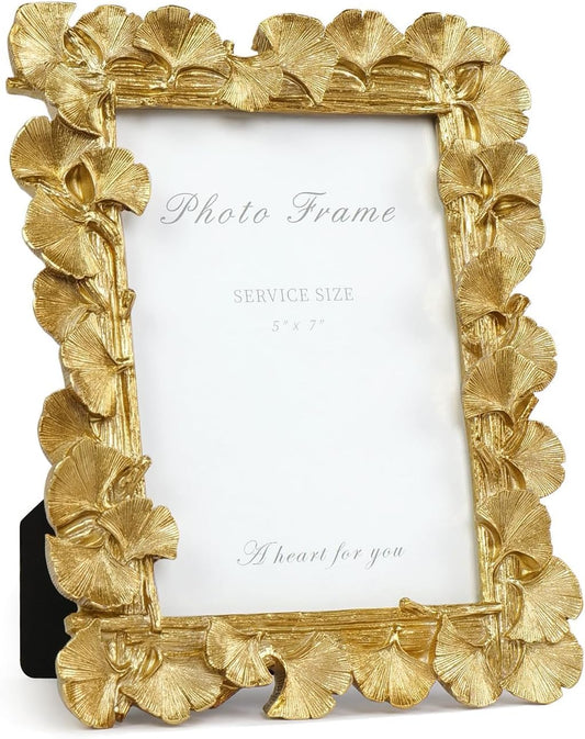 Cuspin 5x7 Picture Frame Vintage Gold Frames, Ornate Leaf Textured Hand-Crafted Resin with Glass Front, Gold Picture Frames for Tabletop Display, Retro Design Home Decor