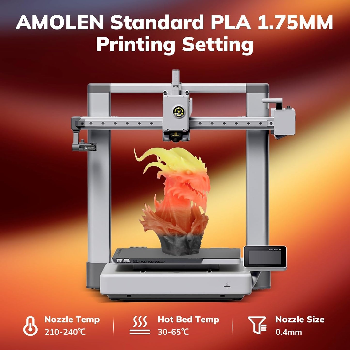 AMOLEN 3D Printer Filament, Triple Color Temp Change Black to Red to Yellow PLA Filament 1.75mm, Cold & Heat Color Change with Temperature, Dimensional Accuracy +/- 0.02mm, 1KG, Fits Most FDM Printers