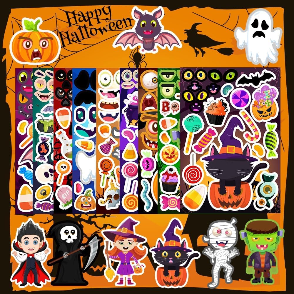 36 Sheets Halloween Stickers for Kids, Make Your Own Halloween Stickers, Halloween Party Games Stickers, Halloween Party Favors DIY Crafts Trick or Treat Party Supplies