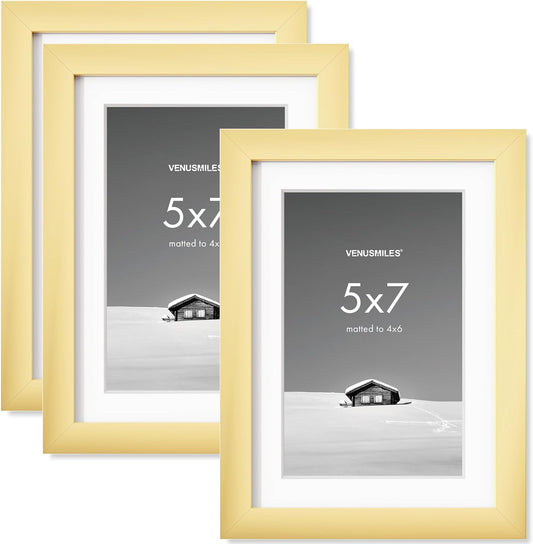 5x7 inch Picture Frame, 5x7 Photo Frames with 4x6 Removable Mat - High Definition Plexiglass - Vertical and Horizontal Display - Wall Hanging Frame - Gold, 3 Pack