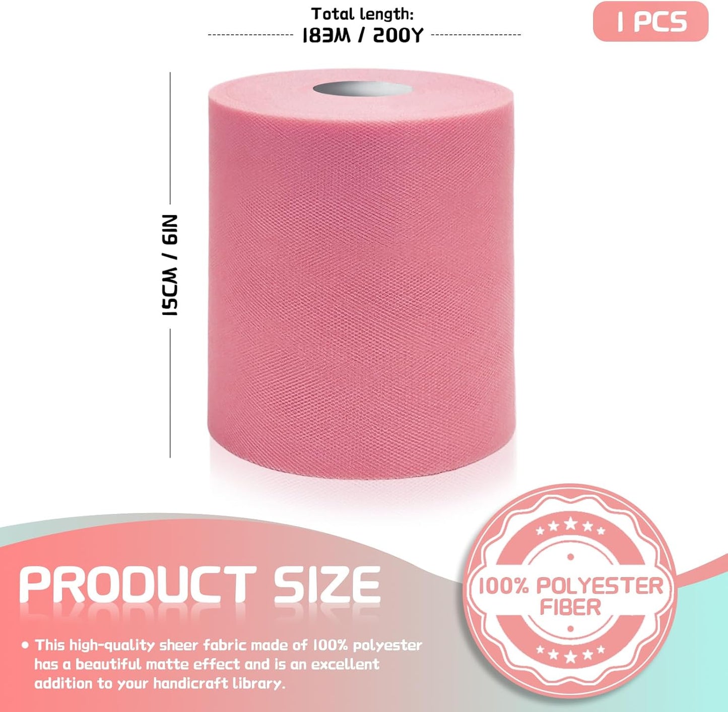 6" x 200 Yards Dusty Rose Tulle Fabric Rolls, Matte Spool Tulle Ribbon for DIY Tutu Skirt Wedding Decoration Baby Shower Birthday Party Backdrop Christmas Gift Wrapping Bow Craft Supplies