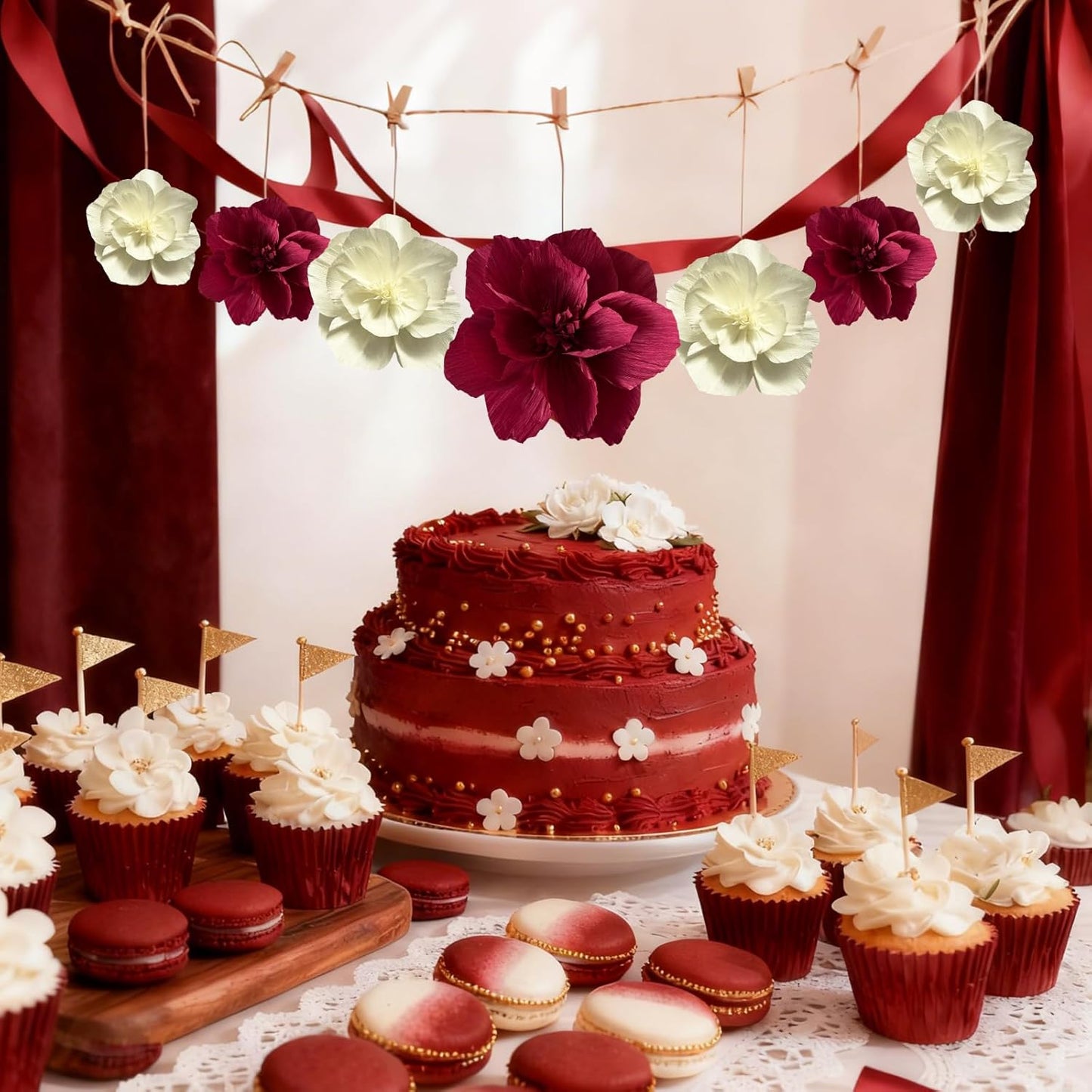 BRT Bearingshui Crepe Paper Flowers Decoration for Wall Total 9 Pcs, Artificial Flowers Backdrop for Wedding Decor Baby Bridal Shower Birthday Party, Burgundy Cream 3D Wall Flowers Decor