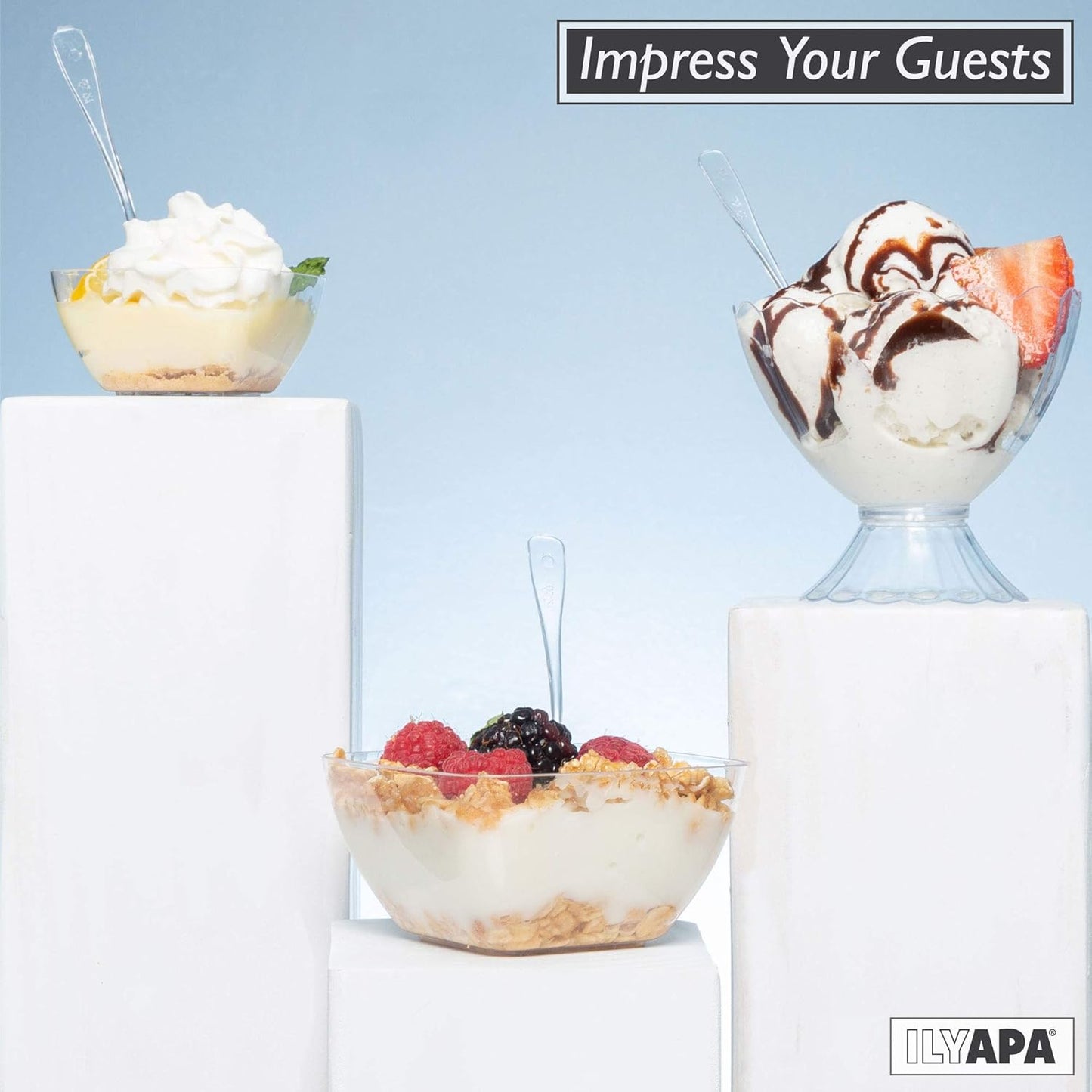 Ilyapa 5oz Plastic Dessert Cups - 100 Pack Mini Dessert Cups with Spoons - Clear Reusable Small Appetizer Cup for Cheesecake Shooters, Chocolate Mousse, Parfait - Party and Catering Supplies - Square